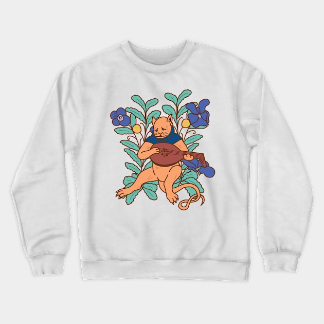 Cute Sad Medieval Cat with Lute Colorful Drawing Crewneck Sweatshirt by MariOyama